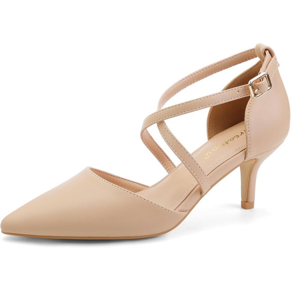 Women's Nude Pu Polyurethane Pointed Toe Cross Strap Low Kitten Heel Pumps